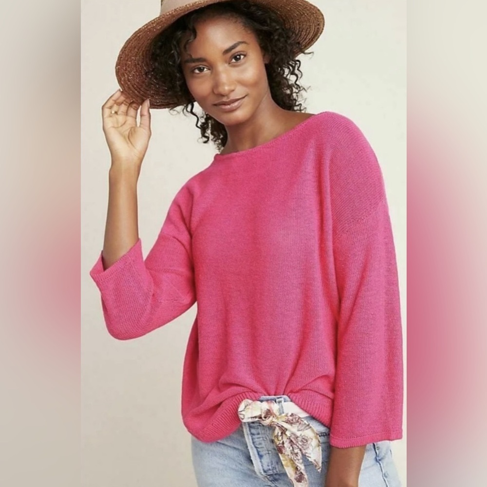 By Anthropologie Mayfield Knit Linen Hot Pink Sweater, Size Medium